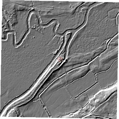 Shaded relief map of the ground around GU237ES, computed from Environment Agency LiDAR. The ground here sits at about 22 m above sea level and falls 6 m across the surrounding 800 m. Surface water reaching this point runs off ground lying to the south-south-west, 3.3 m higher.