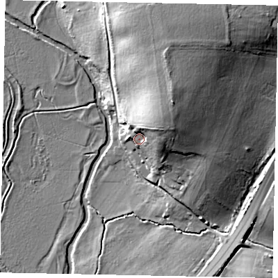 Shaded relief map of the ground around GU237JT, computed from Environment Agency LiDAR. The ground here sits at about 33 m above sea level and falls 25 m across the surrounding 800 m. Surface water reaching this point runs off ground lying to the east-north-east, 14.7 m higher.