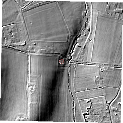 Shaded relief map of the ground around GU237LE, computed from Environment Agency LiDAR. The ground here sits at about 37 m above sea level and falls 13 m across the surrounding 800 m. Surface water reaching this point runs off ground lying to the south-south-west, 8.7 m higher.