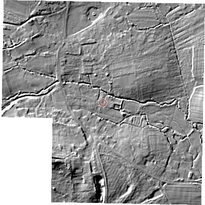 Shaded relief map of the ground around GU240BF, computed from Environment Agency LiDAR. The ground here sits at about 40 m above sea level and falls 12 m across the surrounding 800 m. Surface water reaching this point runs off ground lying to the west-north-west, 1.5 m higher.