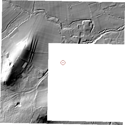 Shaded relief map of the ground around GU240BN, computed from Environment Agency LiDAR. and falls 25 m across the surrounding 800 m.