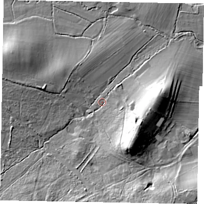 Shaded relief map of the ground around GU240BS, computed from Environment Agency LiDAR. The ground here sits at about 46 m above sea level and falls 19 m across the surrounding 800 m. Surface water reaching this point runs off ground lying to the south-south-east, 16.0 m higher.