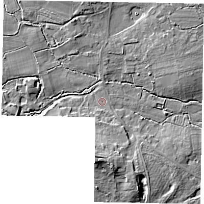 Shaded relief map of the ground around GU240DA, computed from Environment Agency LiDAR. The ground here sits at about 41 m above sea level and falls 10 m across the surrounding 800 m. Surface water reaching this point runs off ground lying to the south, 8.5 m higher.
