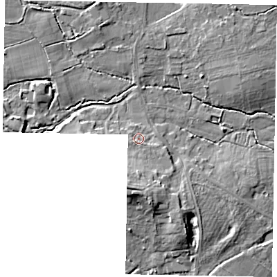 Shaded relief map of the ground around GU240DD, computed from Environment Agency LiDAR. The ground here sits at about 42 m above sea level and falls 11 m across the surrounding 800 m. Surface water reaching this point runs off ground lying to the south-south-west, 7.4 m higher.