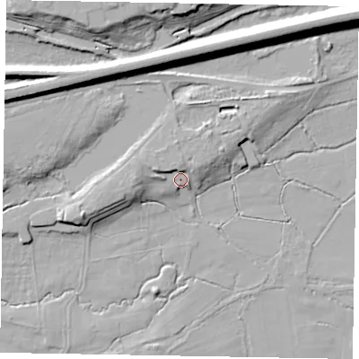 Shaded relief map of the ground around GU240DN, computed from Environment Agency LiDAR. The ground here sits at about 52 m above sea level and falls 21 m across the surrounding 800 m. Surface water reaching this point runs off ground lying to the west-north-west, 3.9 m higher.