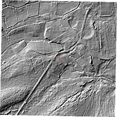 Shaded relief map of the ground around GU240DQ, computed from Environment Agency LiDAR. The ground here sits at about 37 m above sea level and falls 7 m across the surrounding 800 m. Surface water reaching this point runs off ground lying to the west, 1.3 m higher.