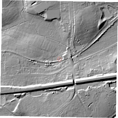 Shaded relief map of the ground around GU240HH, computed from Environment Agency LiDAR. The ground here sits at about 41 m above sea level and falls 18 m across the surrounding 800 m. Surface water reaching this point runs off ground lying to the west-south-west, 14.4 m higher.