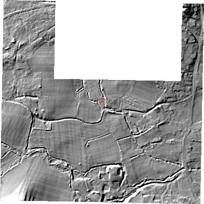 Shaded relief map of the ground around GU240JJ, computed from Environment Agency LiDAR. The ground here sits at about 43 m above sea level and falls 14 m across the surrounding 800 m. Surface water reaching this point runs off ground lying to the west-north-west, 4.7 m higher.