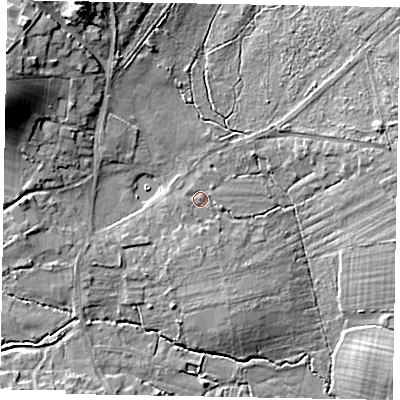 Shaded relief map of the ground around GU240JT, computed from Environment Agency LiDAR. The ground here sits at about 42 m above sea level and falls 15 m across the surrounding 800 m. Surface water reaching this point runs off ground lying to the south-west, 0.9 m higher.