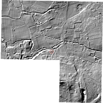 Shaded relief map of the ground around GU240LS, computed from Environment Agency LiDAR. The ground here sits at about 41 m above sea level and falls 10 m across the surrounding 800 m. Surface water reaching this point runs off ground lying to the west, 4.7 m higher.