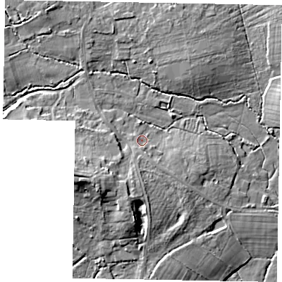 Shaded relief map of the ground around GU240LW, computed from Environment Agency LiDAR. The ground here sits at about 40 m above sea level and falls 12 m across the surrounding 800 m. Surface water reaching this point runs off ground lying to the south, 2.0 m higher.