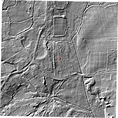 Shaded relief map of the ground around GU240NB, computed from Environment Agency LiDAR. The ground here sits at about 36 m above sea level and falls 6 m across the surrounding 800 m. Surface water reaching this point runs off ground lying to the south-west, 1.8 m higher.