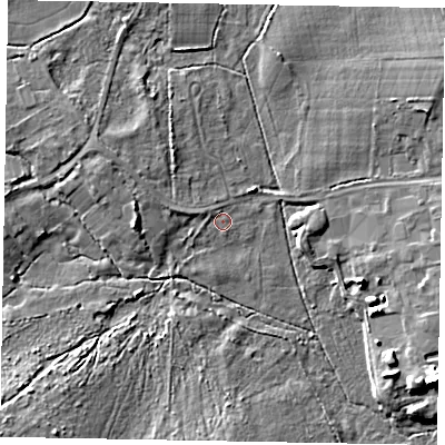 Shaded relief map of the ground around GU240ND, computed from Environment Agency LiDAR. The ground here sits at about 35 m above sea level and falls 12 m across the surrounding 800 m. Surface water reaching this point runs off ground lying to the north-west, 0.9 m higher.