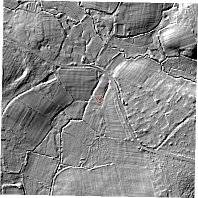 Shaded relief map of the ground around GU240NH, computed from Environment Agency LiDAR. The ground here sits at about 37 m above sea level and falls 9 m across the surrounding 800 m. Surface water reaching this point runs off ground lying to the north-east, 1.9 m higher.