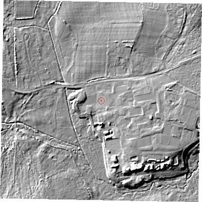 Shaded relief map of the ground around GU240NQ, computed from Environment Agency LiDAR. The ground here sits at about 36 m above sea level and falls 14 m across the surrounding 800 m. Surface water reaching this point runs off ground lying to the east-south-east, 2.3 m higher.