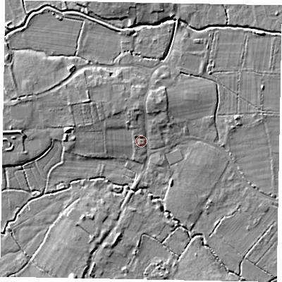 Shaded relief map of the ground around GU248AD, computed from Environment Agency LiDAR. The ground here sits at about 27 m above sea level and falls 7 m across the surrounding 800 m. Surface water reaching this point runs off ground lying to the north-north-east, 3.2 m higher.