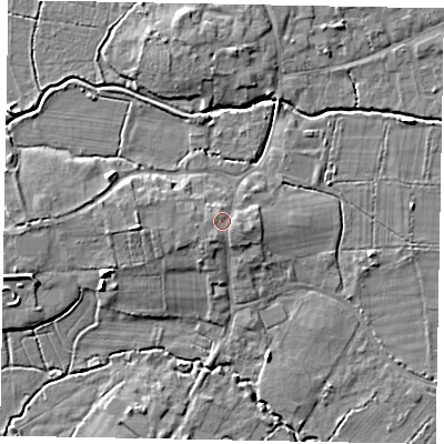 Shaded relief map of the ground around GU248AF, computed from Environment Agency LiDAR. The ground here sits at about 29 m above sea level and falls 7 m across the surrounding 800 m. The ground contributing surface water to this point lies to the south-south-west.