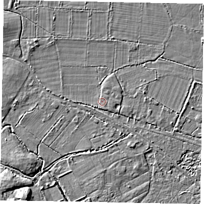 Shaded relief map of the ground around GU248AG, computed from Environment Agency LiDAR. The ground here sits at about 26 m above sea level and falls 5 m across the surrounding 800 m. The ground contributing surface water to this point lies to the south-south-east.