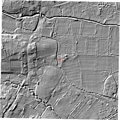 Shaded relief map of the ground around GU248AH, computed from Environment Agency LiDAR. The ground here sits at about 26 m above sea level and falls 7 m across the surrounding 800 m. Surface water reaching this point runs off ground lying to the west-north-west, 3.8 m higher.