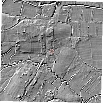 Shaded relief map of the ground around GU248AJ, computed from Environment Agency LiDAR. The ground here sits at about 26 m above sea level and falls 7 m across the surrounding 800 m. Surface water reaching this point runs off ground lying to the north, 1.9 m higher.
