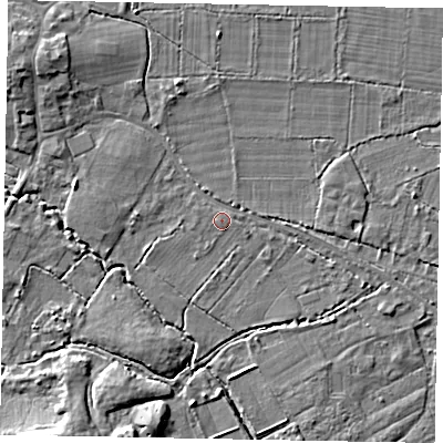 Shaded relief map of the ground around GU248AL, computed from Environment Agency LiDAR. The ground here sits at about 26 m above sea level and falls 8 m across the surrounding 800 m. Surface water reaching this point runs off ground lying to the north-west, 4.3 m higher.