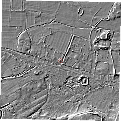Shaded relief map of the ground around GU248AN, computed from Environment Agency LiDAR. The ground here sits at about 25 m above sea level and falls 5 m across the surrounding 800 m. Surface water reaching this point runs off ground lying to the west-north-west, 1.7 m higher.