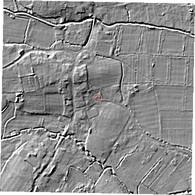 Shaded relief map of the ground around GU248AQ, computed from Environment Agency LiDAR. The ground here sits at about 27 m above sea level and falls 7 m across the surrounding 800 m. Surface water reaching this point runs off ground lying to the north-west, 3.2 m higher.