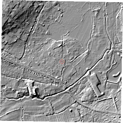 Shaded relief map of the ground around GU248AR, computed from Environment Agency LiDAR. The ground here sits at about 23 m above sea level and falls 9 m across the surrounding 800 m. Surface water reaching this point runs off ground lying to the south-west, 0.9 m higher.