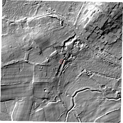 Shaded relief map of the ground around GU248AS, computed from Environment Agency LiDAR. The ground here sits at about 25 m above sea level and falls 8 m across the surrounding 800 m. Surface water reaching this point runs off ground lying to the north-west, 3.4 m higher.