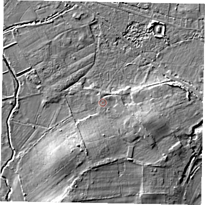 Shaded relief map of the ground around GU248AU, computed from Environment Agency LiDAR. The ground here sits at about 26 m above sea level and falls 8 m across the surrounding 800 m. Surface water reaching this point runs off ground lying to the north-east, 0.5 m higher.
