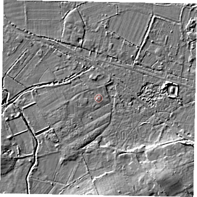 Shaded relief map of the ground around GU248AX, computed from Environment Agency LiDAR. The ground here sits at about 25 m above sea level and falls 6 m across the surrounding 800 m. Surface water reaching this point runs off ground lying to the south-west, 0.6 m higher.
