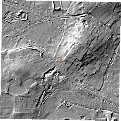 Shaded relief map of the ground around GU248AZ, computed from Environment Agency LiDAR. The ground here sits at about 26 m above sea level and falls 8 m across the surrounding 800 m. Surface water reaching this point runs off ground lying to the east-north-east, 1.9 m higher.