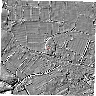 Shaded relief map of the ground around GU248BG, computed from Environment Agency LiDAR. The ground here sits at about 26 m above sea level and falls 5 m across the surrounding 800 m. The ground contributing surface water to this point lies to the north.