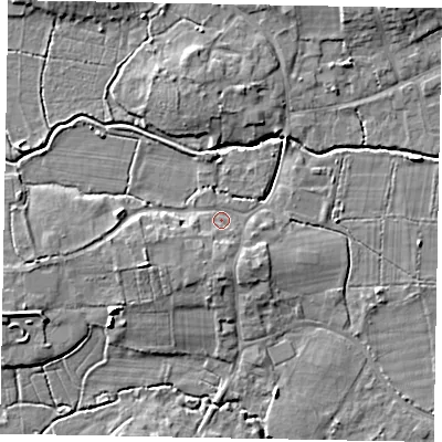 Shaded relief map of the ground around GU248BP, computed from Environment Agency LiDAR. The ground here sits at about 28 m above sea level and falls 7 m across the surrounding 800 m. Surface water reaching this point runs off ground lying to the west-south-west, 3.6 m higher.