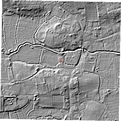 Shaded relief map of the ground around GU248BZ, computed from Environment Agency LiDAR. The ground here sits at about 28 m above sea level and falls 9 m across the surrounding 800 m. Surface water reaching this point runs off ground lying to the west-south-west, 3.0 m higher.