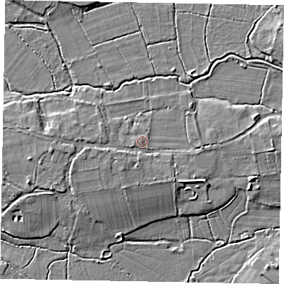 Shaded relief map of the ground around GU248DA, computed from Environment Agency LiDAR. The ground here sits at about 30 m above sea level and falls 8 m across the surrounding 800 m. Surface water reaching this point runs off ground lying to the west, 2.2 m higher.
