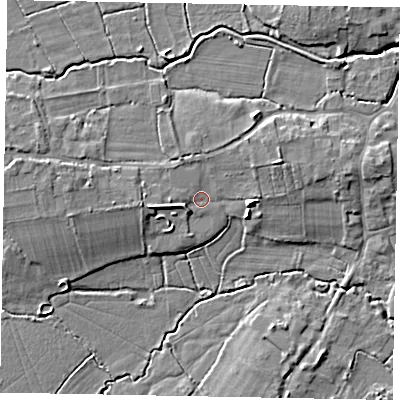 Shaded relief map of the ground around GU248DB, computed from Environment Agency LiDAR. The ground here sits at about 28 m above sea level and falls 8 m across the surrounding 800 m. Surface water reaching this point runs off ground lying to the west, 2.9 m higher.