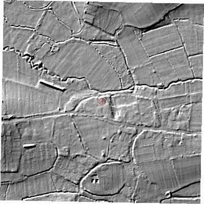 Shaded relief map of the ground around GU248DD, computed from Environment Agency LiDAR. The ground here sits at about 32 m above sea level and falls 11 m across the surrounding 800 m. Surface water reaching this point runs off ground lying to the south-south-east, 1.2 m higher.