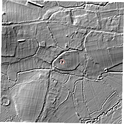 Shaded relief map of the ground around GU248DG, computed from Environment Agency LiDAR. The ground here sits at about 30 m above sea level and falls 12 m across the surrounding 800 m. Surface water reaching this point runs off ground lying to the north, 4.0 m higher.
