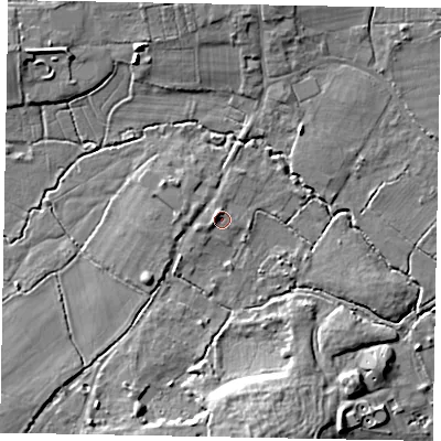 Shaded relief map of the ground around GU248EF, computed from Environment Agency LiDAR. The ground here sits at about 27 m above sea level and falls 12 m across the surrounding 800 m. Surface water reaching this point runs off ground lying to the west-north-west, 1.8 m higher.