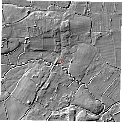 Shaded relief map of the ground around GU248EG, computed from Environment Agency LiDAR. The ground here sits at about 26 m above sea level and falls 7 m across the surrounding 800 m. Surface water reaching this point runs off ground lying to the north-west, 6.4 m higher.