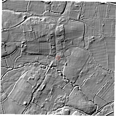 Shaded relief map of the ground around GU248EJ, computed from Environment Agency LiDAR. The ground here sits at about 26 m above sea level and falls 7 m across the surrounding 800 m. Surface water reaching this point runs off ground lying to the north, 4.0 m higher.