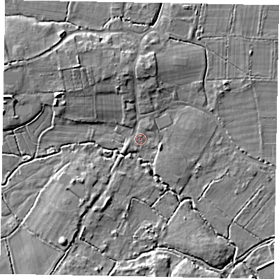 Shaded relief map of the ground around GU248EQ, computed from Environment Agency LiDAR. The ground here sits at about 26 m above sea level and falls 7 m across the surrounding 800 m. Surface water reaching this point runs off ground lying to the north, 4.1 m higher.