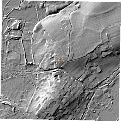 Shaded relief map of the ground around GU248HA, computed from Environment Agency LiDAR. The ground here sits at about 29 m above sea level and falls 9 m across the surrounding 800 m. The ground contributing surface water to this point lies to the north-west.