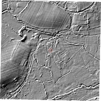 Shaded relief map of the ground around GU248HE, computed from Environment Agency LiDAR. The ground here sits at about 22 m above sea level and falls 7 m across the surrounding 800 m. Surface water reaching this point runs off ground lying to the north-north-west, 0.8 m higher.