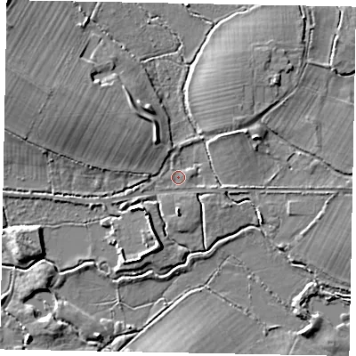 Shaded relief map of the ground around GU248HF, computed from Environment Agency LiDAR. The ground here sits at about 24 m above sea level and falls 8 m across the surrounding 800 m. Surface water reaching this point runs off ground lying to the east-north-east, 4.7 m higher.