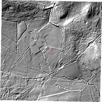 Shaded relief map of the ground around GU248HJ, computed from Environment Agency LiDAR. The ground here sits at about 32 m above sea level and falls 16 m across the surrounding 800 m. Surface water reaching this point runs off ground lying to the east-north-east, 0.8 m higher.