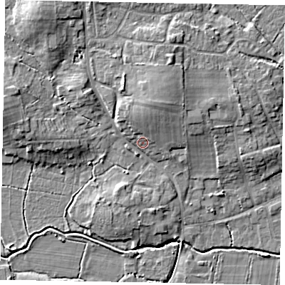 Shaded relief map of the ground around GU248LA, computed from Environment Agency LiDAR. The ground here sits at about 30 m above sea level and falls 10 m across the surrounding 800 m. Surface water reaching this point runs off ground lying to the north-north-west, 6.0 m higher.