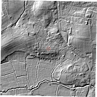Shaded relief map of the ground around GU248LB, computed from Environment Agency LiDAR. The ground here sits at about 32 m above sea level and falls 10 m across the surrounding 800 m. Surface water reaching this point runs off ground lying to the west-south-west, 0.8 m higher.