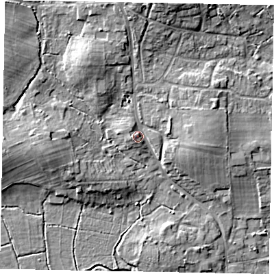 Shaded relief map of the ground around GU248LD, computed from Environment Agency LiDAR. The ground here sits at about 32 m above sea level and falls 11 m across the surrounding 800 m. Surface water reaching this point runs off ground lying to the north, 6.2 m higher.